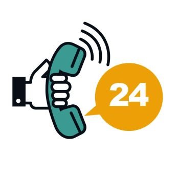 Support call 24 hours online every day hotline isolated icon vector. Human holding mobile phone on hand with sign of twenty four hours. Operator everyday mobile headset communication with clients. Support call 24 hours online every day hotline isolated icon