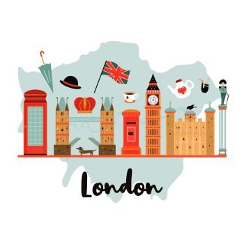London background, design with Big Ben, Tower, Tower bridge on London map. Abstract vector illustration. London background, design with Big Ben, Tower