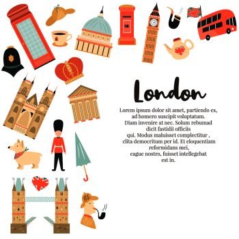 London background, design with Big Ben, Tower, Tower bridge, red phone box, Westminster Abbey. Abstract vector illustration. London background, design with Big Ben, Tower