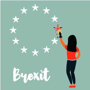 Girl washing out Great Britain from EU emblem. Vector political illustration. Brexit concept. Girl washing out Great Britain from EU emblem