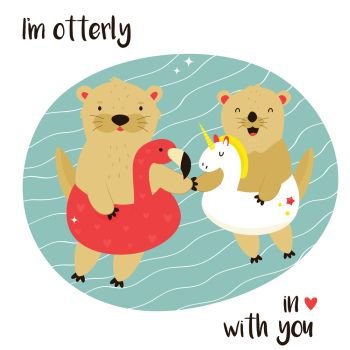 Cute otters in love swimming in a pool. Animal character vector illustration. Print design. Greeting romantic card. Cute otters in love swimming in a pool