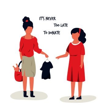 Young woman donating clothing to a girl, Charity and donation concept, Vector illustration.. Young woman donating clothing to a girl.