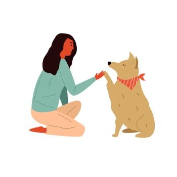 Young owner with a dog. Pet lover. Best friends concept. Colorful Vector illustration. Young owner with a dog. Pet lover. Best friends