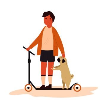 Boy riding his kick scooter with a pug dog. Colorful flat illustration. Boy riding his kick scooter with a pug dog.