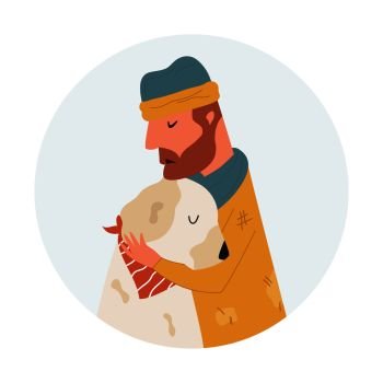 Homeless poor man in old clothing hugging his dog. Flat colorful vector illustration.. Homeless poor man in old clothing hugging his dog.