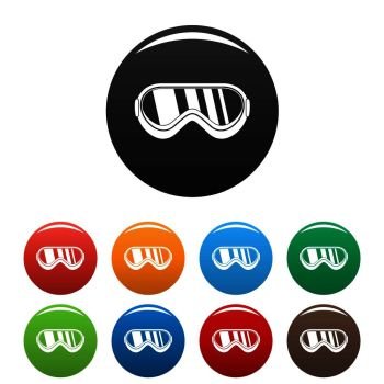 Protect goggles icons set 9 color vector isolated on white for any design. Protect goggles icons set color