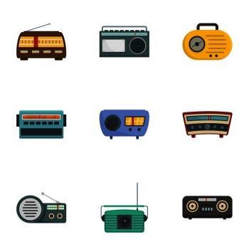 Radio station icons set. Cartoon set of 9 radio station vector icons for web isolated on white background. Radio station icons set, cartoon style