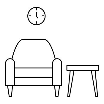 Armchair and table icon. Outline illustration of armchair and table vector icon for web design isolated on white background. Armchair and table icon, outline style