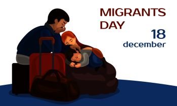 Migrants day concept banner. Cartoon illustration of migrants day vector concept banner for web design. Migrants day concept banner, cartoon style