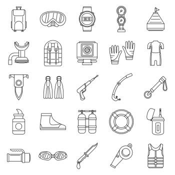 Snorkeling supplies icon set. Outline set of snorkeling supplies vector icons for web design isolated on white background. Snorkeling supplies icon set, outline style