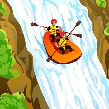 Friends rafting in mountains concept background. Cartoon illustration of friends rafting in mountains vector concept background for web design. Friends rafting in mountains concept background, cartoon style