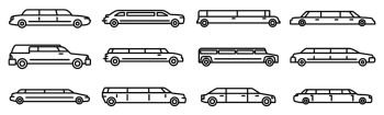 Wedding limousine icons set. Outline set of wedding limousine vector icons for web design isolated on white background. Wedding limousine icons set, outline style