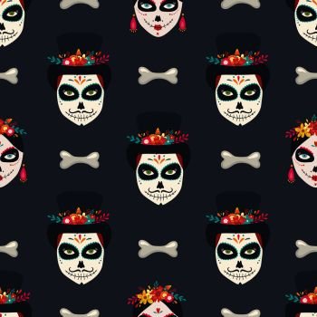 Day of the Dead seamless pattern with sugar skulls. Dia de los Muertos (tramslate - Day of the Dead) background. Day of the Dead seamless pattern