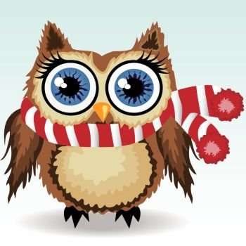 A little cute owl in a red and white scarf with a pompon, a winter owl, shelter from the cold