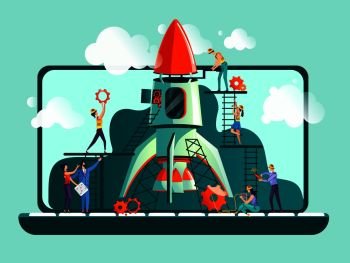 Business start up concept vector illustration. Open laptop, rocket and team work on control, on setting up and final preparation for launch. Spaceship launching is metaphor for new project beginning. Business start up concept vector illustration