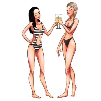 Two beautiful young women in swimsuit holding champagne glasses. Beach party pin-up girls, summer holidays. Vector comic illustration