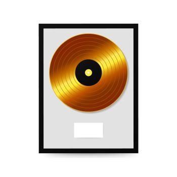 Gold vinyl in frame on wall. Collection disc, template design element. Vector stock illustration.