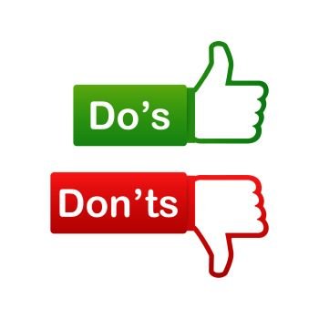 Do’s and Don’ts like thumbs up or down. flat simple thumb up symbol minimal round logotype element set graphic design isolated on white. Vector stock illustration.