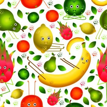 Vegan Yoga. Fruits do yoga. Seamless pattern. Banana, lemon, orange, apple, pear, pitahaya For fruit shop food cafe fitness club for children. Fruits do yoga. Seamless pattern. Banana, lemon, orange, apple, pear, pitahaya
