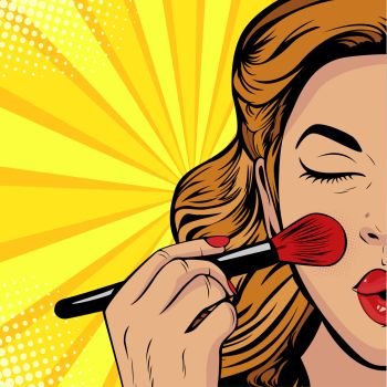 The beauty of the face. Make-up, woman brush causes the tone to the face. Vector Illustration in pop art retro comic style.