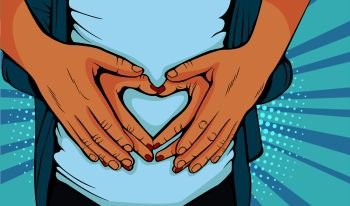 Man holding belly of his pregnant wife making heart. Pregnant woman and loving husband hugging tummy. Vector illustration in pop art retro comic style