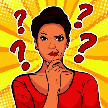 Woman skeptical facial expressions face with question marks upon hear head. Pop art retro vector illustration in comic style