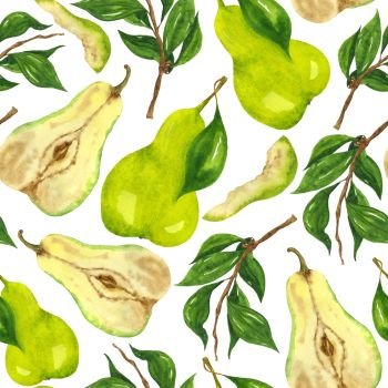 Watercolor green pear seamless pattern. Hand drawing on a white background. For the design of notebooks, clothes, home textiles, stationery.