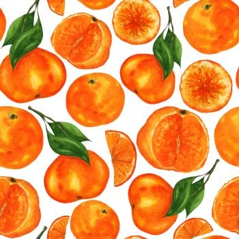 Watercolor tangerines seamless pattern. Fruits and leaves hand-drawing on a white background. For the design of home decor, napkins, clothes, stationery.