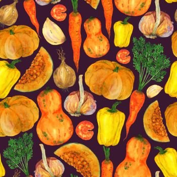 Watercolor vegetables orange color seamless pattern. Pumpkins, peppers, carrots handmade illustration on a purple background. For the design of stationery, clothing, home decor, napkins.