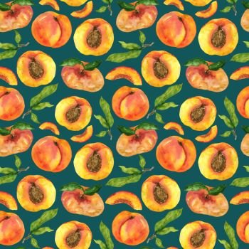 Watercolor peaches and fig peaches pattern on a turquoise background. Handmade endless drawing fruits and leaves. Design of cards, stationery, fabric, home decor.