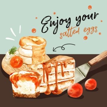 Salted egg social media design with pancake watercolor illustration.