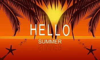 Vector summer on sea beach party poster background at sunset with hello summer text