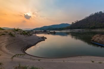 Sand beach and sunset on mekong river asian lanscape  