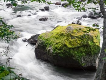 Giant rock with green moss in fast flowing river at Ryu Sei waterfall, Hokkaido, Japan. Nature landscape.
