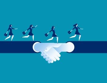 Agreement and hand shake. Business woman running on a hand shake. Concept business success illustration. Vector cartoon character.

. Agreement and hand shake. Business woman running on a hand shake. Concept business success illustration. Vector cartoon character.
