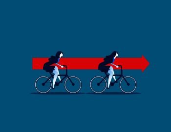 Businesswomen riding bikes and carrying red arrow. concept business vector.