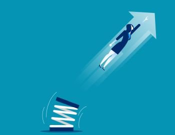 Businesswoman high jump with springboard. Concept business vector illustration
