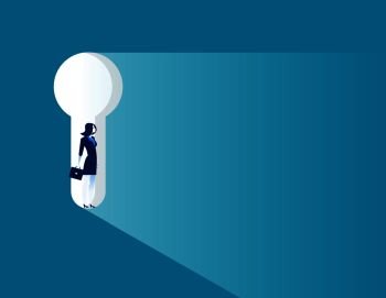 Businesswoman standing in keyhole. Concept business vector illustration.