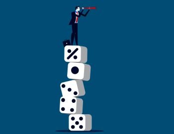 Businessman looking telescope and standing on percentage sign of large dice. Business vector.