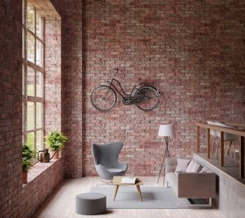 3D Rendering Industrail style living room ,big window ,lamp gray couch and chair, wooden floor, bicycle on the red brick wall