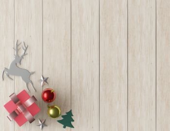 3D rendering red square gift box and metallic white bow-ribbon ,balls,reindeer,christmas ,wooden floor background for copy space