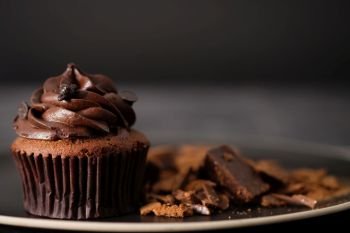 Chocolate cupcake on ceramic dish in Dark lighting, AF point selection.
