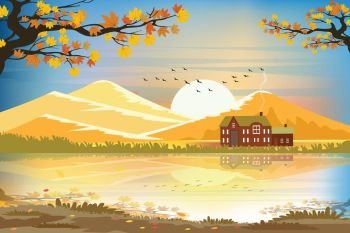 Vector illustration of panorama autumn landscape in countryside with forest trees and leaves fallingPanoramic of farm field  with reflection farmhouse and hills on the lake in fall season with yellow