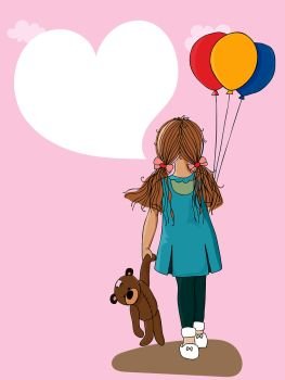 Cute cartoon happy girl holding birthday balloons and Teddy bear, Vector illustration Rear view of toddler girl gesturing with colourful balloons with copy space for text or messages