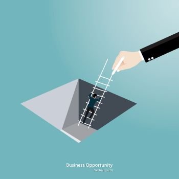 Business support concept. Businessman Climbing ladder from the hole. Symbol of challenge, Opportunity, Success, Growth, Vector illustration flat