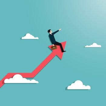 Businesman sitting on red arrow up to the successful with a sky and cloud background. Achievement, goal, career, Vector illustration flat