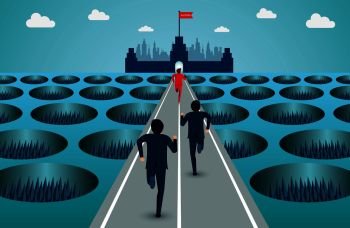 Businessmen are running on the road through obstacles to business success goal. leadership. startup. creative idea.  illustration cartoon vector