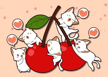 Adorable cat characters and cherry in cartoon style.