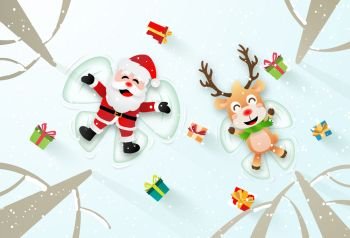 Origami paper art of Santa Claus and Reindeer make a snow angel, Merry Christmas and Happy New Year