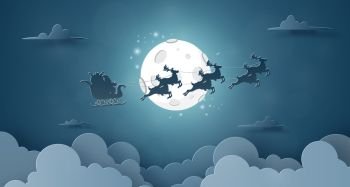 Origami Paper art of Santa Claus and reindeer flying on the sky with full moon, Merry Christmas and Happy New Year